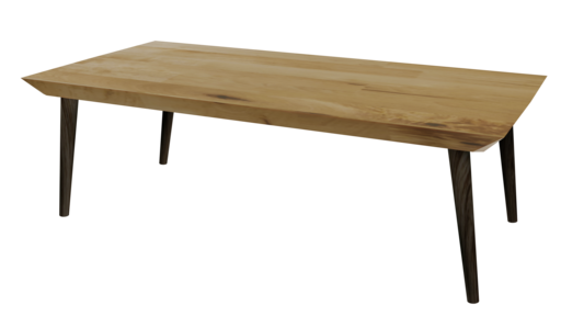 A photograph of a wooden coffee table with a live-edge oak top and four tapered dark legs.