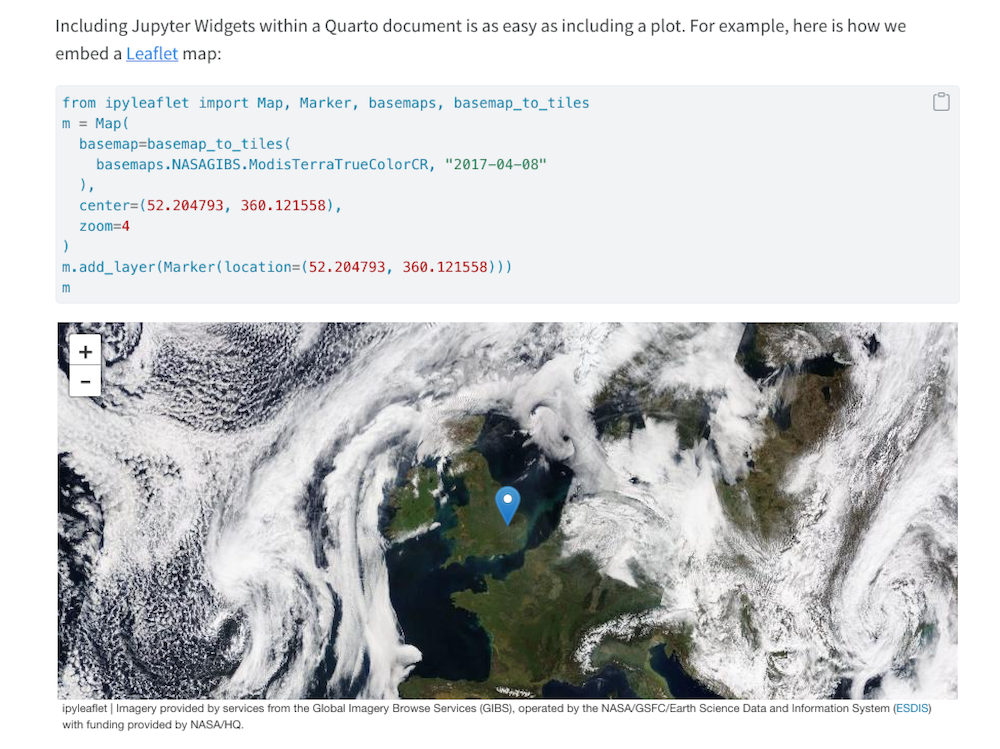 A Python ipyleaflet code block above a cloud-covered satellite map of Europe with a blue location pin